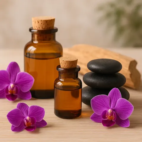 Calming Arrangement Featuring Bottles of Sandalwood Essential Oil