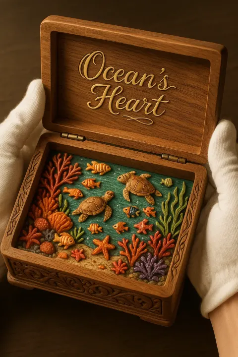 Intricately Detailed Overhead Photo Captures a Hand-carved Wooden Jewelry Box