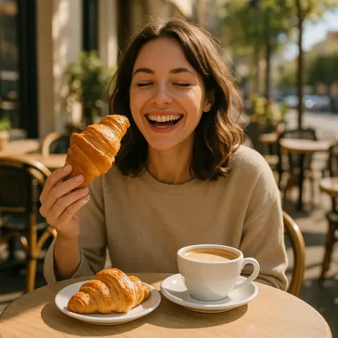 Woman Happily Sips Her Coffee
