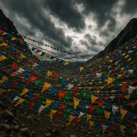 Thousands of Colorful Prayer Flags Flutter Violently on a High