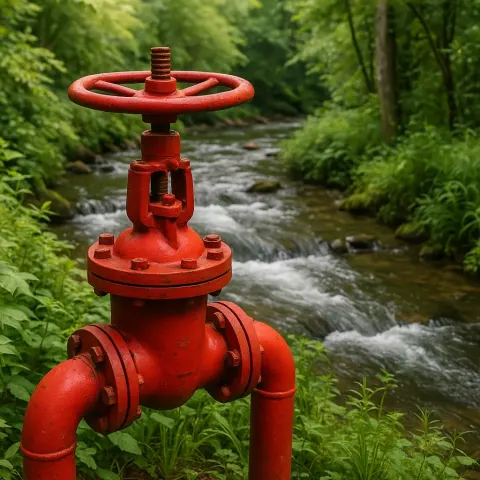 Red Industrial Pipe Valve Situated by a Flowing Stream