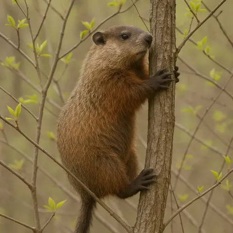 Groundhog Climbing a Tree Surrounded by Thin Branches and Budding