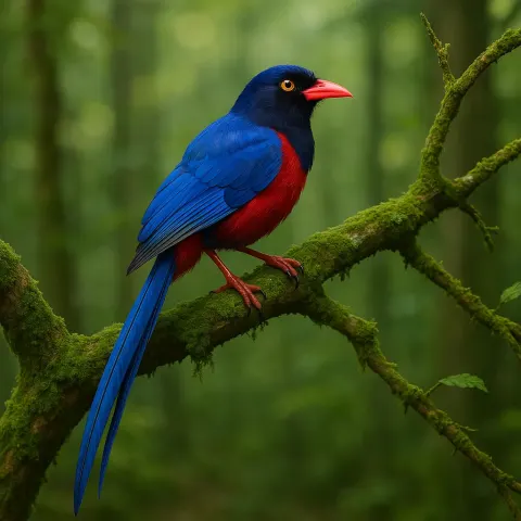 Vibrant Blue and Red Bird with Long Tail Feathers Perched