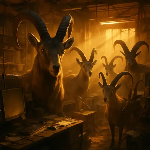 Diverse Ibex Loom Amidst the Organized Chaos of a High-tech