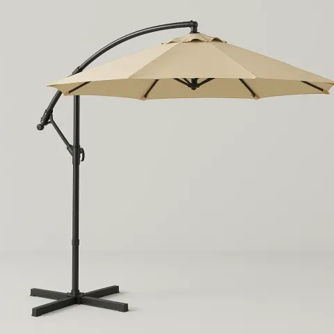 Beige Cantilever Patio Umbrella with a Curved Black Metal Pole
