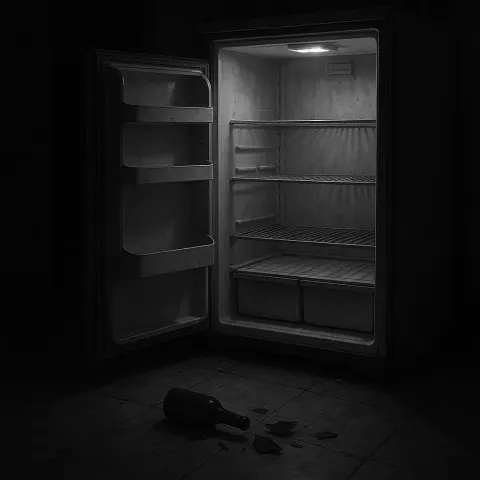 Desolate Grayscale Nighttime Setting Showcasing an Abandoned Fridge