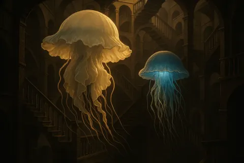 Opalescent White Jellyfish with Ruffled Membranous Edges and its Ethereal