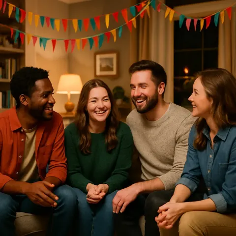 Group of People Sitting and Interacting in a Cozy Living