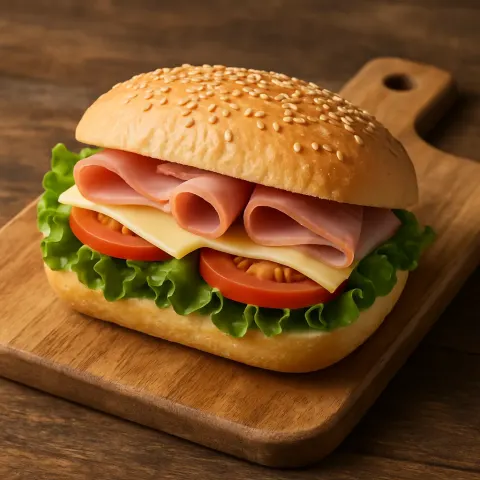 Newly Prepared Sandwich Resting on a Wooden Cutting Board