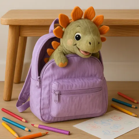 Lively Lilac Backpack Rests Against a Light Oak Bench