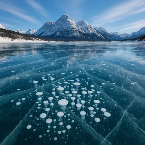 Frozen Lake with Clear Ice Revealing Trapped White Bubbles