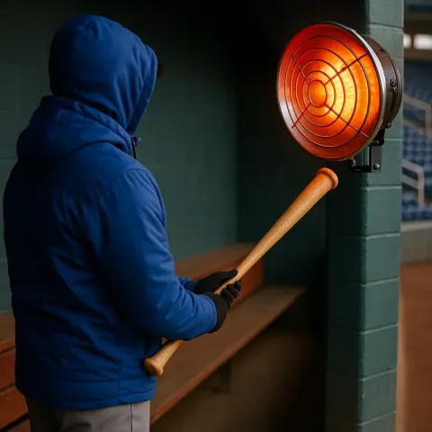 Person in a Blue Jacket Warming a Baseball Bat