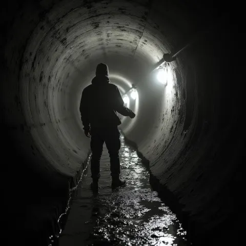 Torchlit Adventurer Wades a Brackish Sewer Tunnel