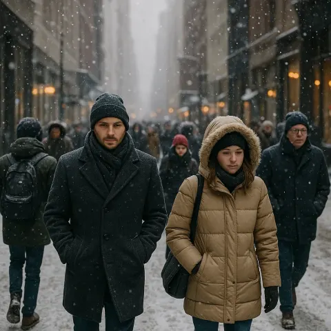 Lively Urban Scene with People Bundled Up in Warm Winter
