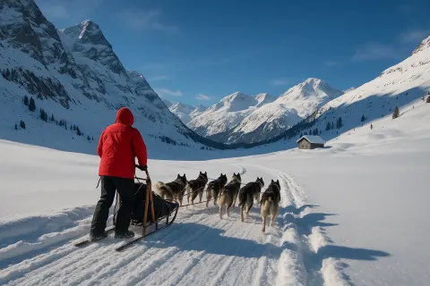 Person Wearing a Red Jacket Rides a Dog