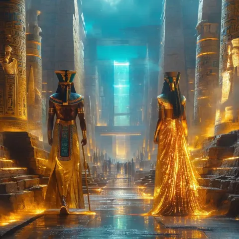 Osiris and Isis Among Glowing Cyberpunk Temples