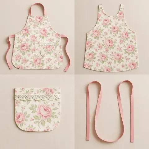 Floral-patterned Apron with Pink Straps and a Lace-trimmed Pocket Displayed