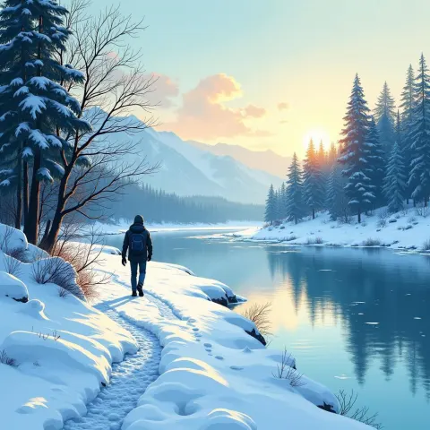 Lone Figure Strolls a Snowy Comic Riverside