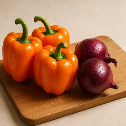 Three Bright Orange Bell Peppers Are Arranged in a Row