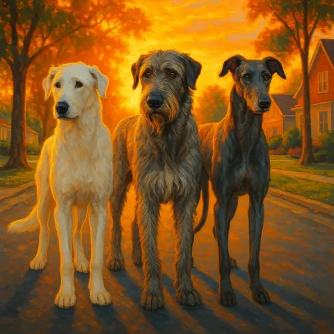 Three Distinct Irish Wolfhounds—a Pure White One Exuding a Gentle