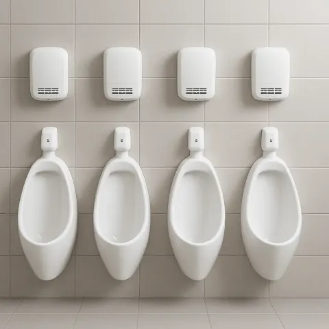 Row of Modern White Urinals Mounted on a Tiled Wall
