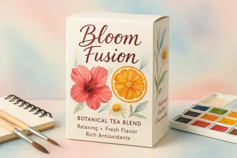 Captivating Packaging for "Bloom Fusion," Our Botanical Tea Blend Inspired