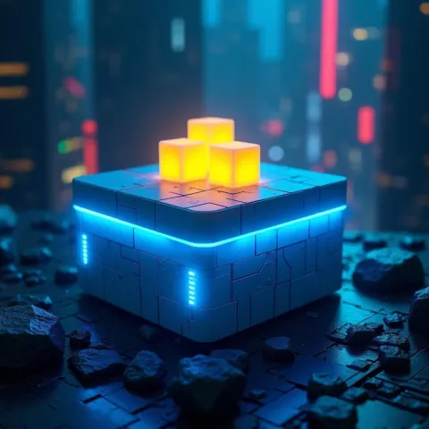 Neon Blue Box Crowned With Glowing Yellow Cubes