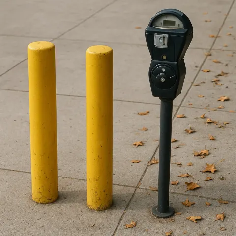 Two Yellow Bollards and a Black Parking Meter
