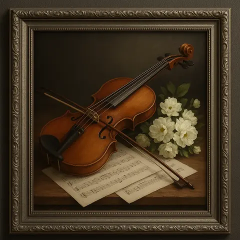Wooden Violin Rests on Sheets of Music