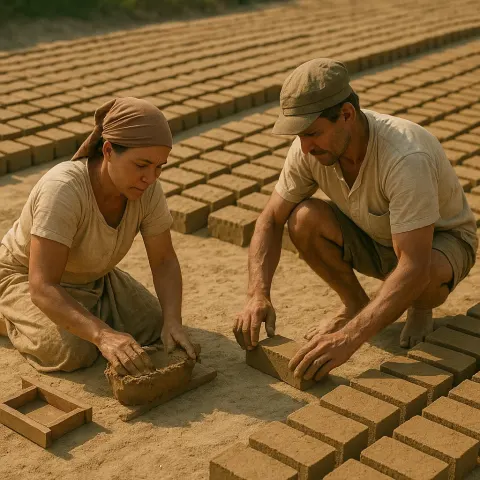 Two Individuals Shaping and Laying Bricks in a Sunlit Outdoor