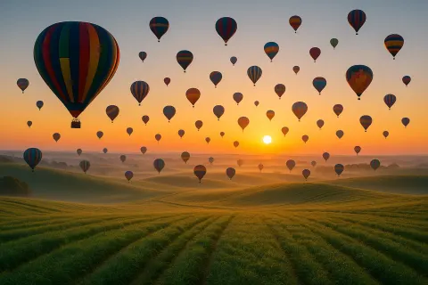 Multitude of Colorful Hot Air Balloons Drifts Serenely