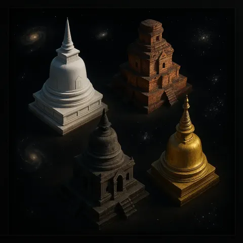 Off-center Cosmic Stage Reveals Four Distinct Stupas