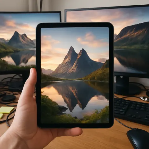 Hand Holding a Tablet Displaying a Scenic Wallpaper