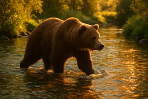 Grand and Powerful Brown Bear Strolls Calmly Through a Pristine