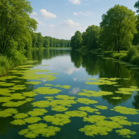 Tranquil Body of Water Encircled by Verdant Foliage