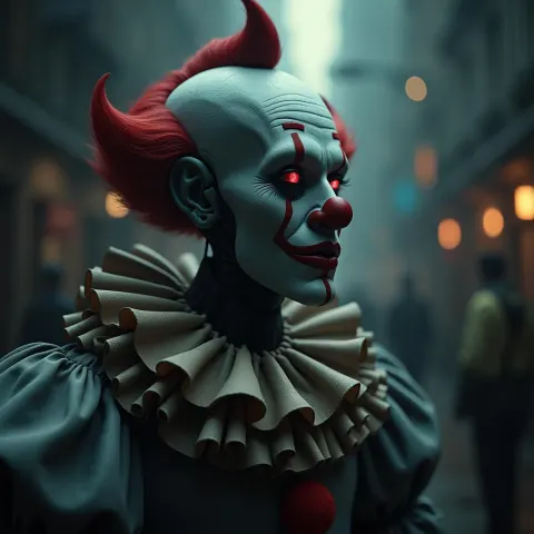 Cinematic Robot Clown in Moody Film Grain