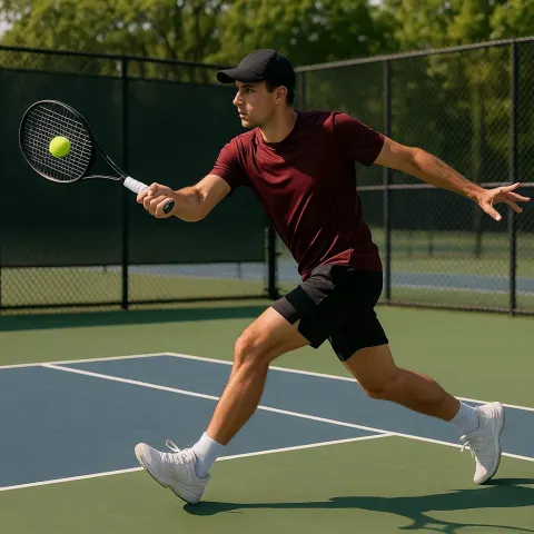 Person Wearing Athletic Attire Is Playing Tennis on an Outdoor
