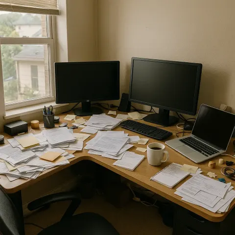 Cluttered Home Office with Two Computer Monitors