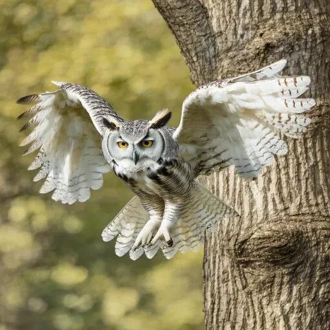 Owl Swooping Low With Outstretched Feathered Wings