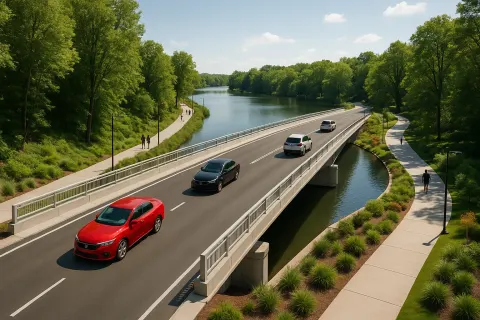 Modern Road with Cars Crossing over a Bridge Surrounded