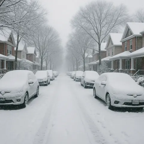 Residential Street in Winter with Parked Cars Covered in Snow
