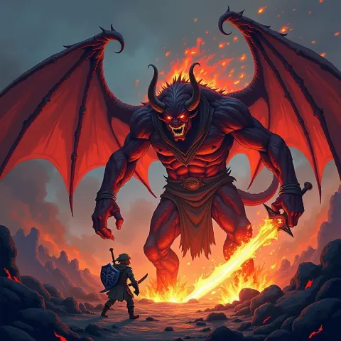 Balrog Battles Link in a Pixel Hellscape