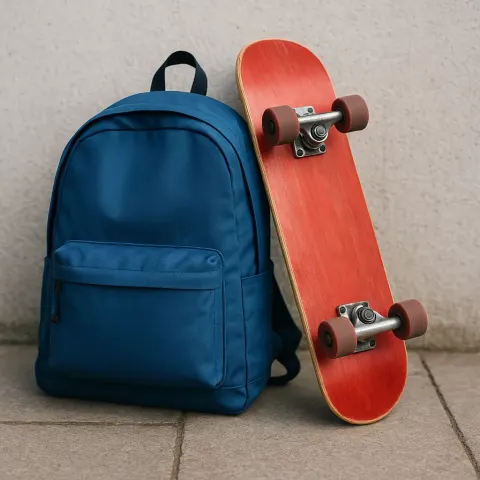 Picture Showing a Red Skateboard Positioned Against a Blue Backpack