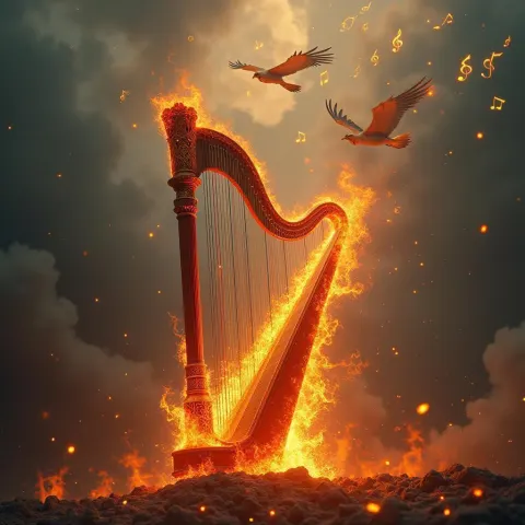 Burning Digital Harp Beneath Soaring Cranes