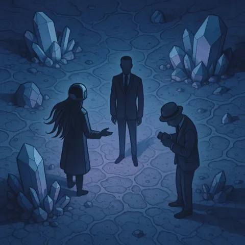 Three Diminutive Figures Are Centrally Composed on an Otherworldly Planet