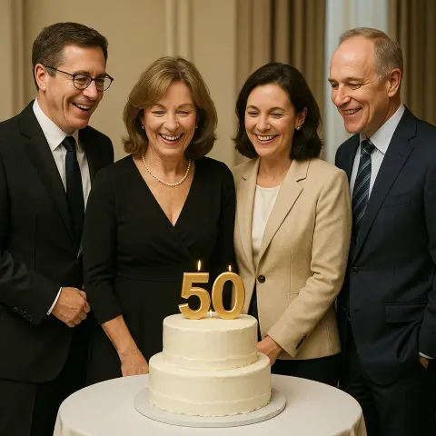 Group of Formally Dressed People Standing Around a Table