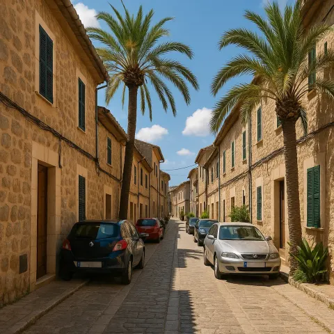 Narrow Village Street Lined with Stone Buildings