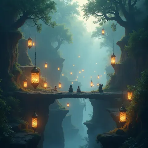 Ethereal Jungle of Floating Lanterns at Golden Hour