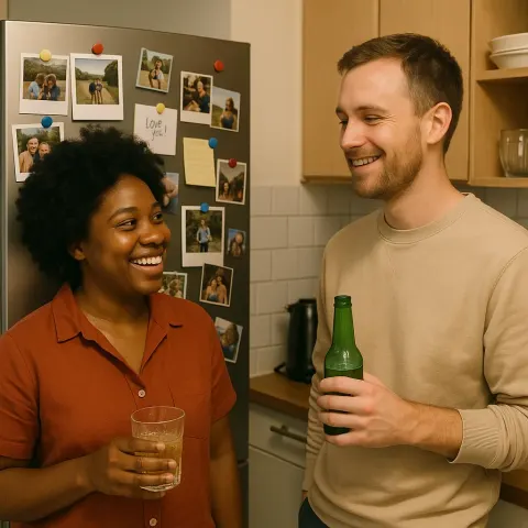 Two People Standing in a Kitchen near a Fridge Covered