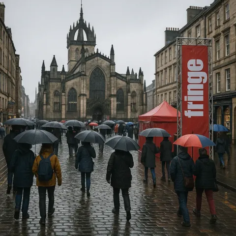 People with Umbrellas Walk on Wet Cobblestone Streets